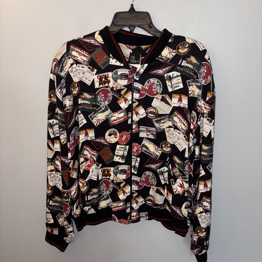 Vintage 90's Ali Miles Women's Size 12 Bomber Jacket World Travel Stamps Quirky